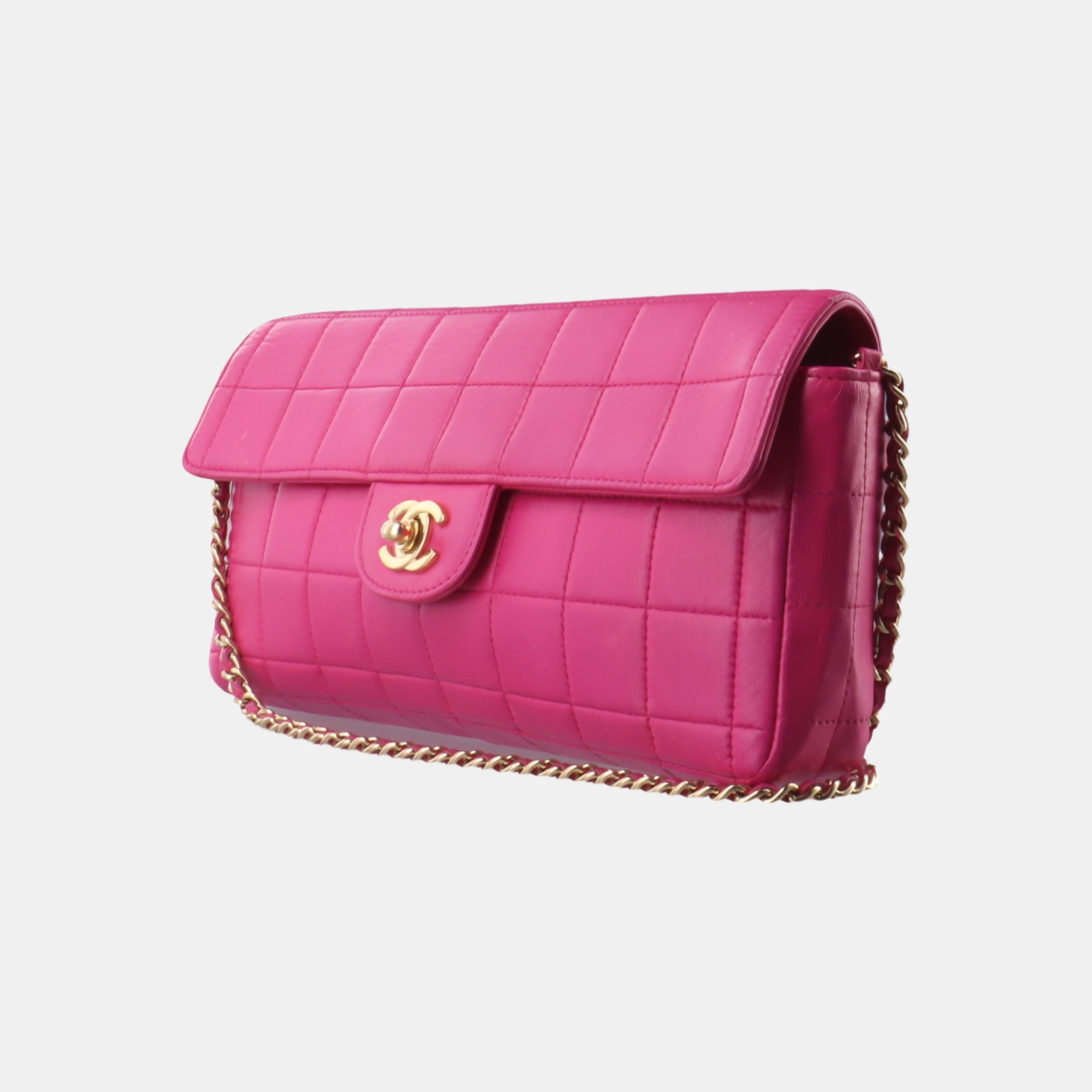 Chanel East West Chocolate Bar Fuchsia Pink Leather 24k Gold hardware 1