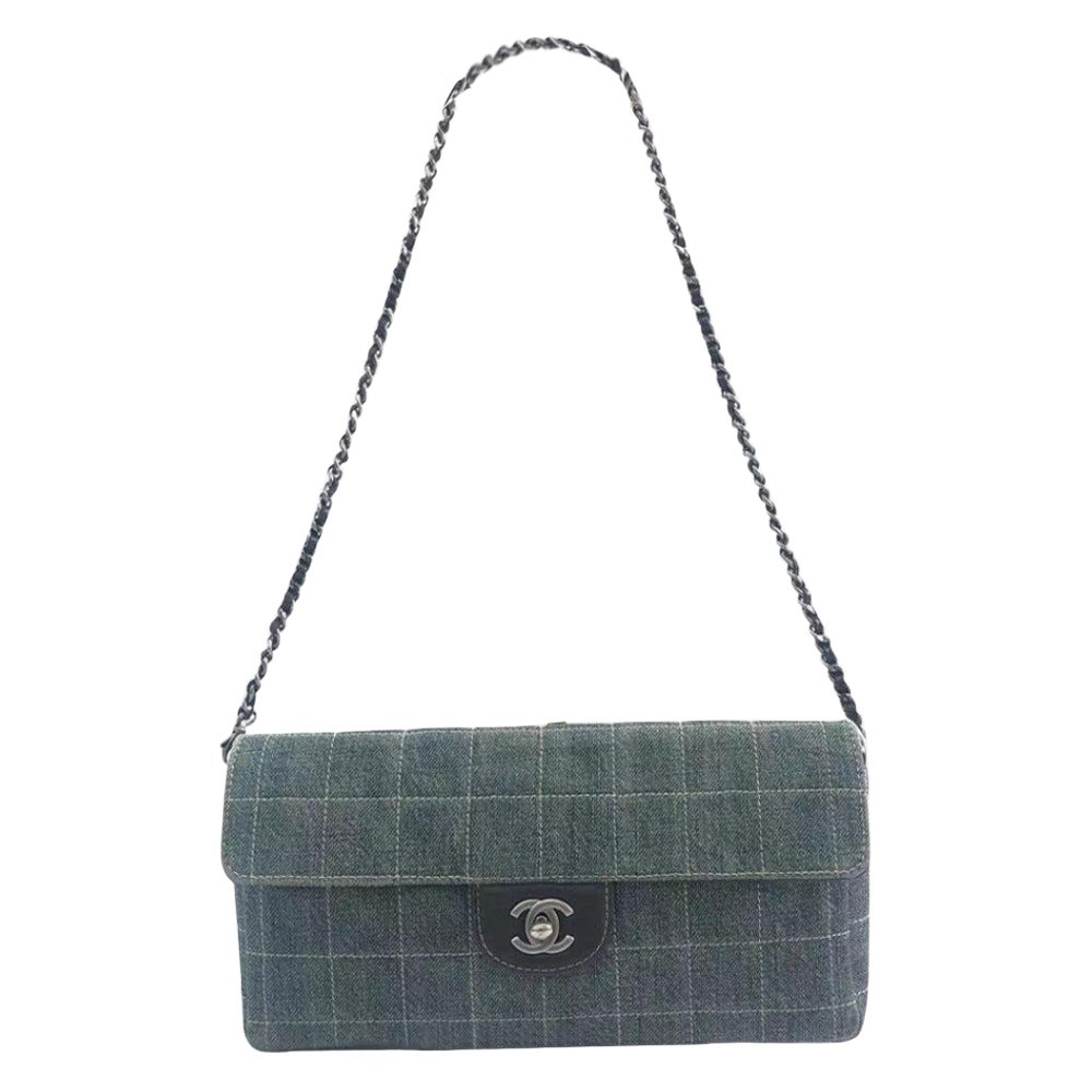 Chanel East West Chocolate Bar Green Denim with Leather Lining Shoulder Bag
