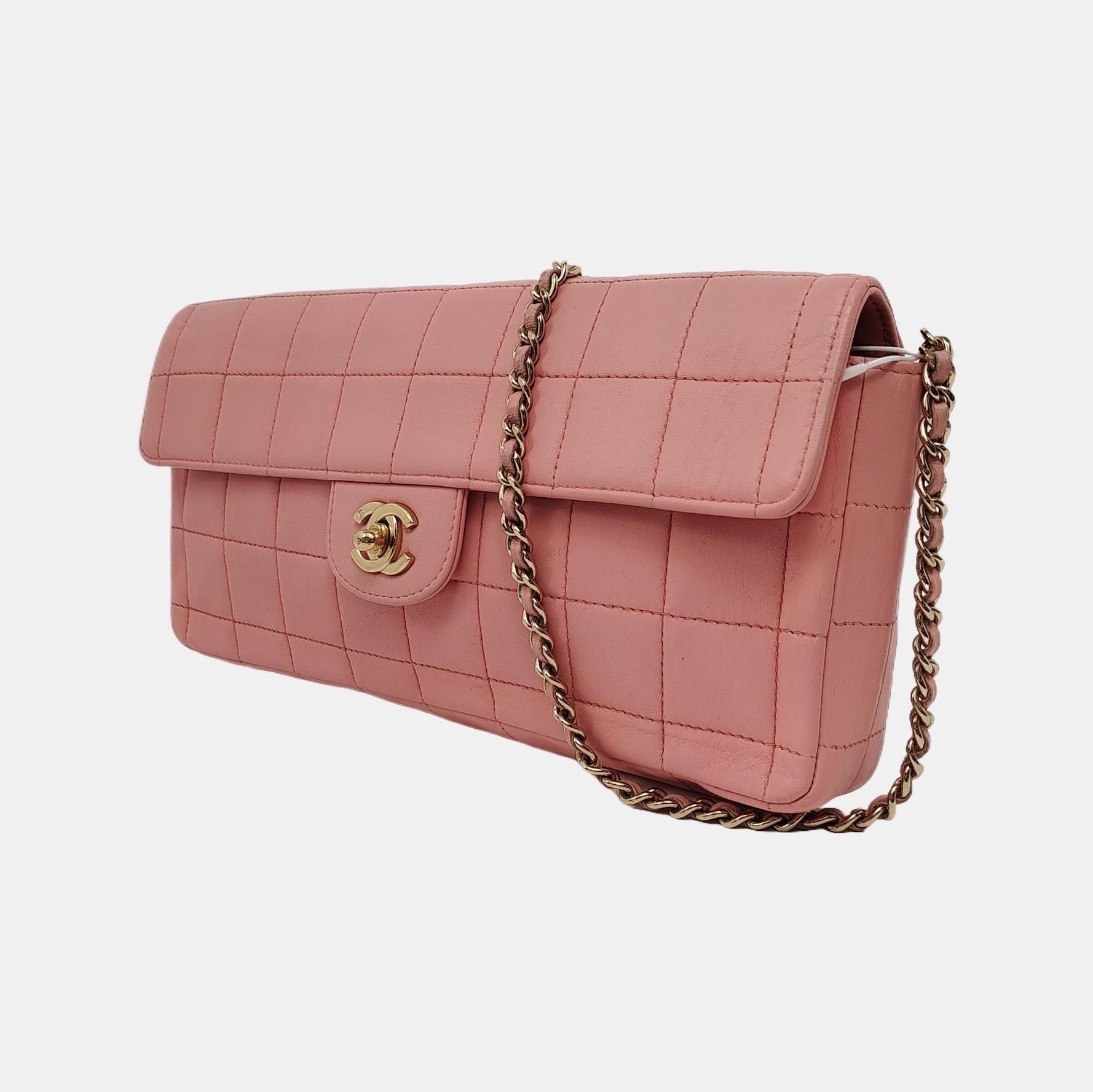 Brown Chanel East West Chocolate Bar Light Pink Leather Gold Hardware Vintage