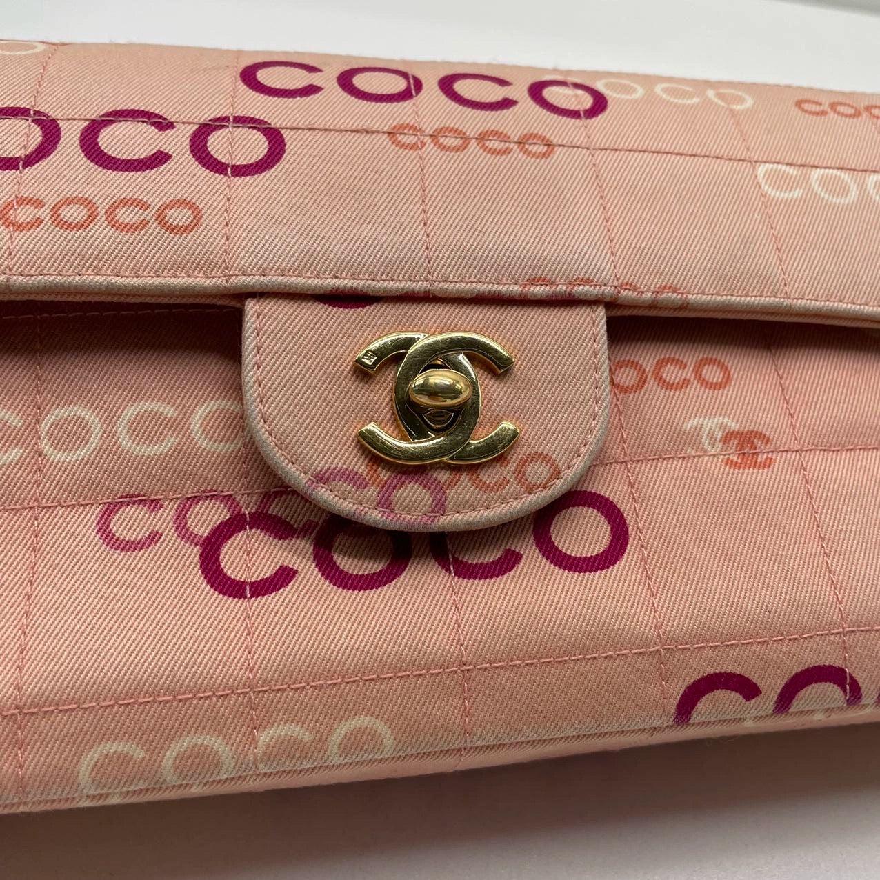 Chanel East West Chocolate Bar Pink Denim with Coco Prints For Sale 10