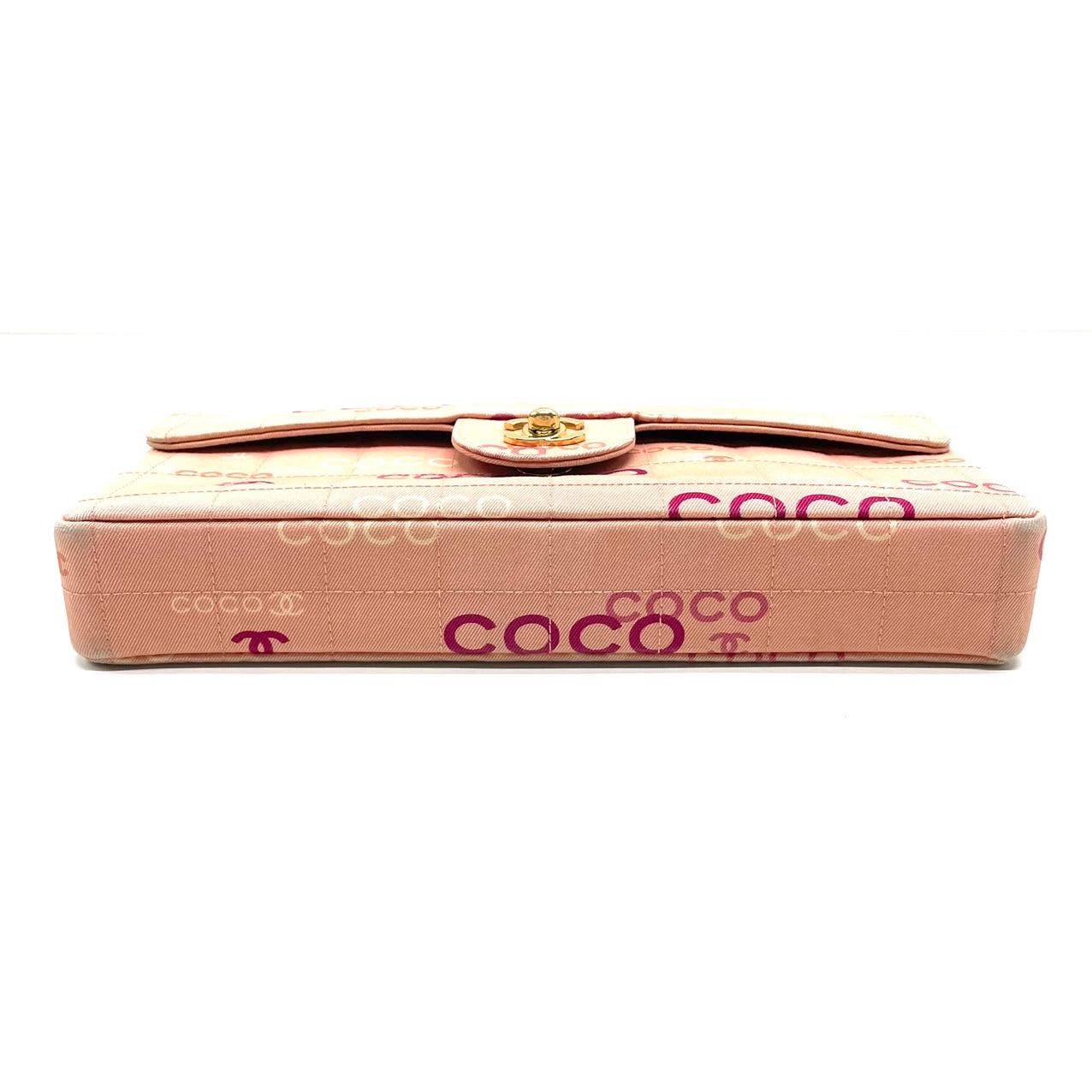 Women's Chanel East West Chocolate Bar Pink Denim with Coco Prints For Sale