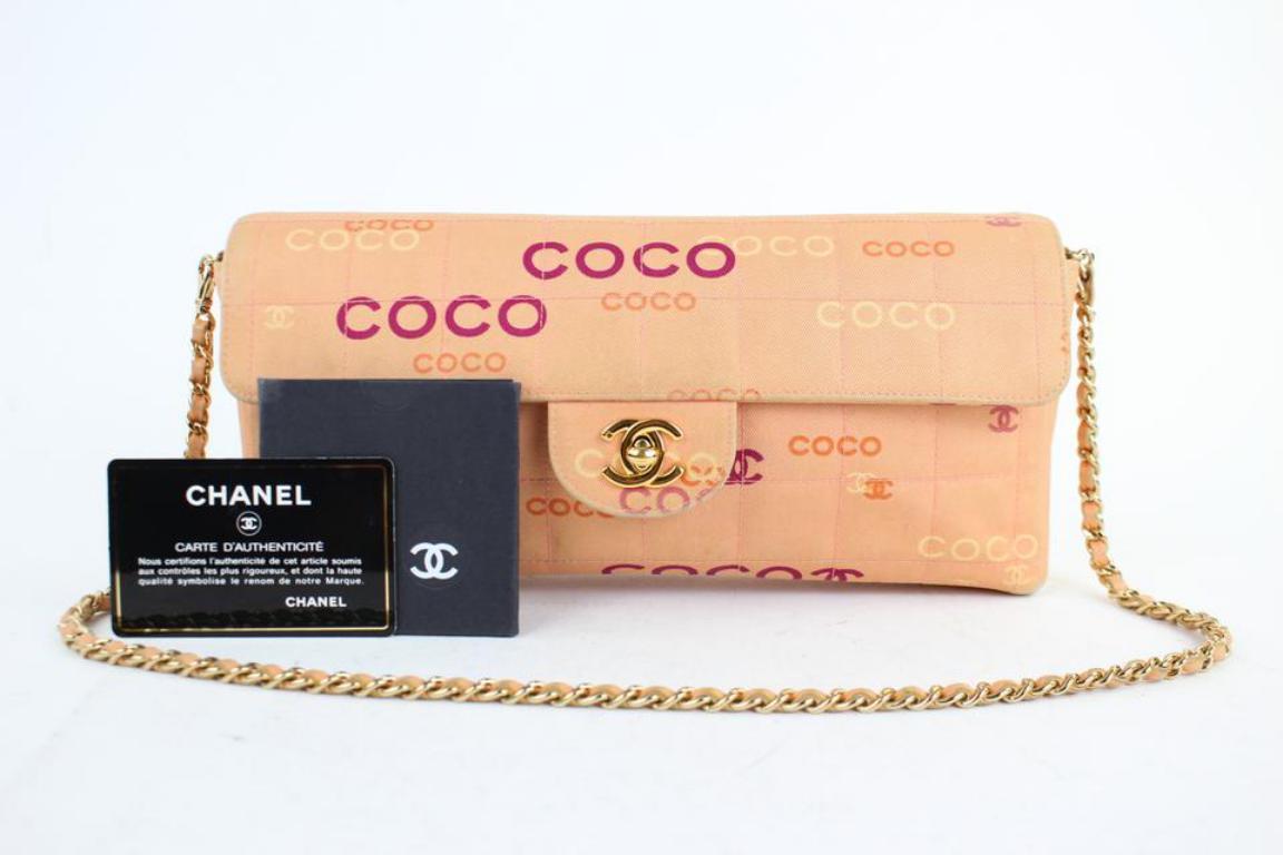 Chanel East West Chocolate Bar Quilted Coco Flap 3ct915 Pink Canvas Shoulder Bag In Fair Condition In Forest Hills, NY