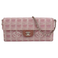 Chanel East West Chocolate Bar Travel Line Pink Fabric Shoulder Bag