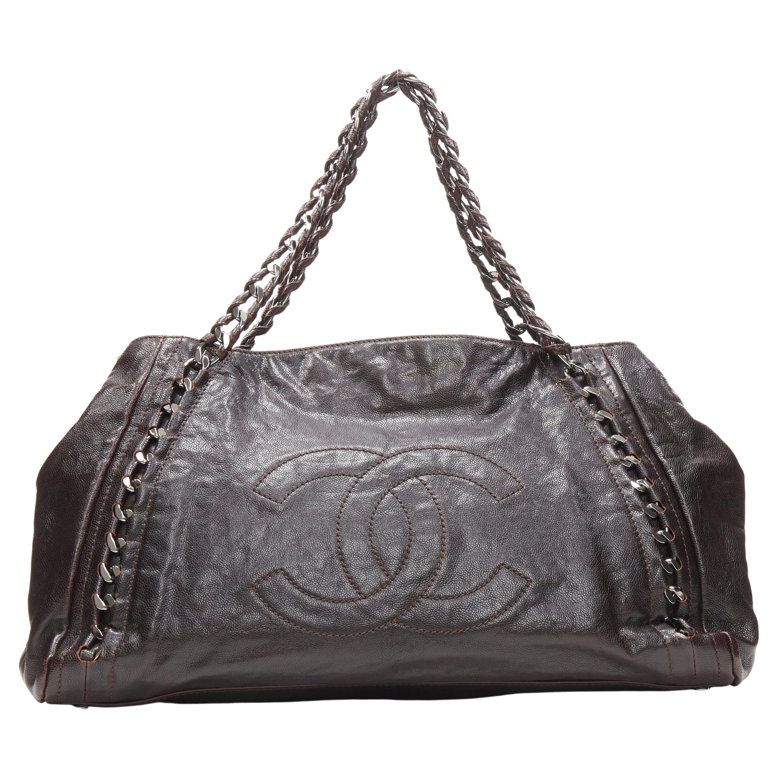 Chanel East West Dark Brown Grained Leather CC Logo Chunky Silver Chain Hobo Bag