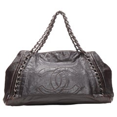 CHANEL East West dark brown grained leather CC logo chunky silver chain hobo bag