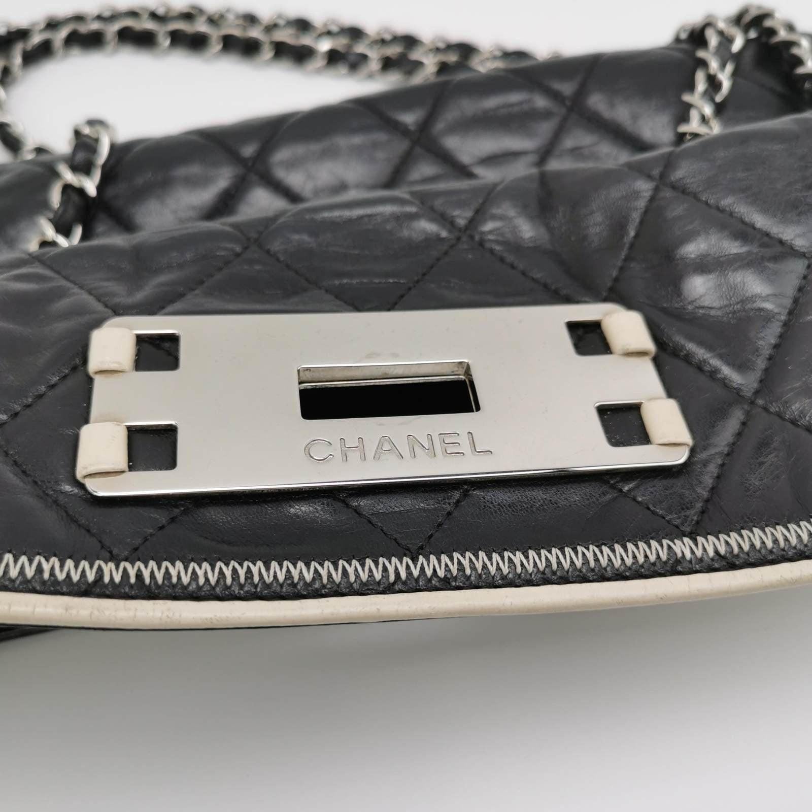 Chanel East West Mademoiselle Flap Bag 2008 Medium Black Leather Shoulder Bag For Sale 7