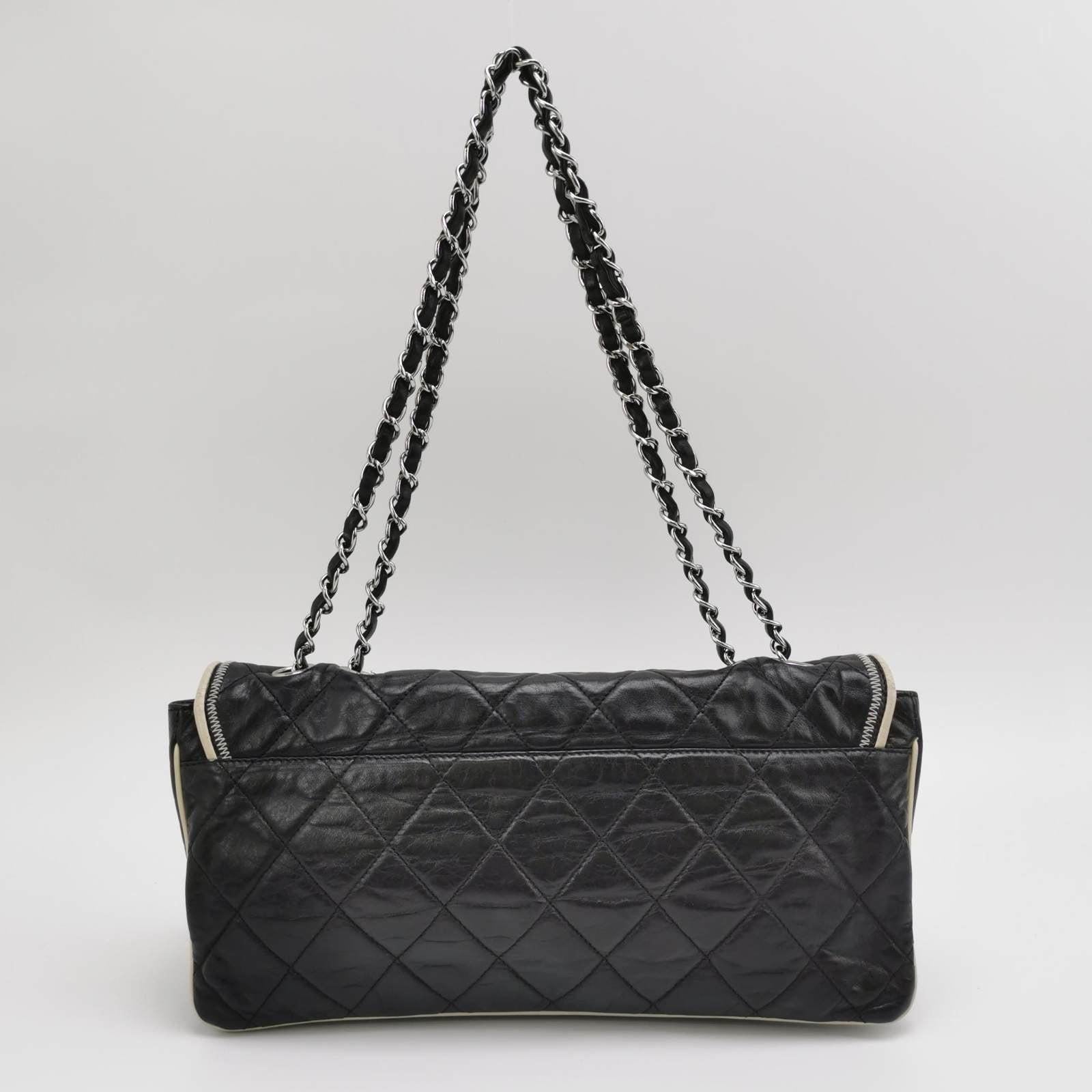 Women's Chanel East West Mademoiselle Flap Bag 2008 Medium Black Leather Shoulder Bag For Sale
