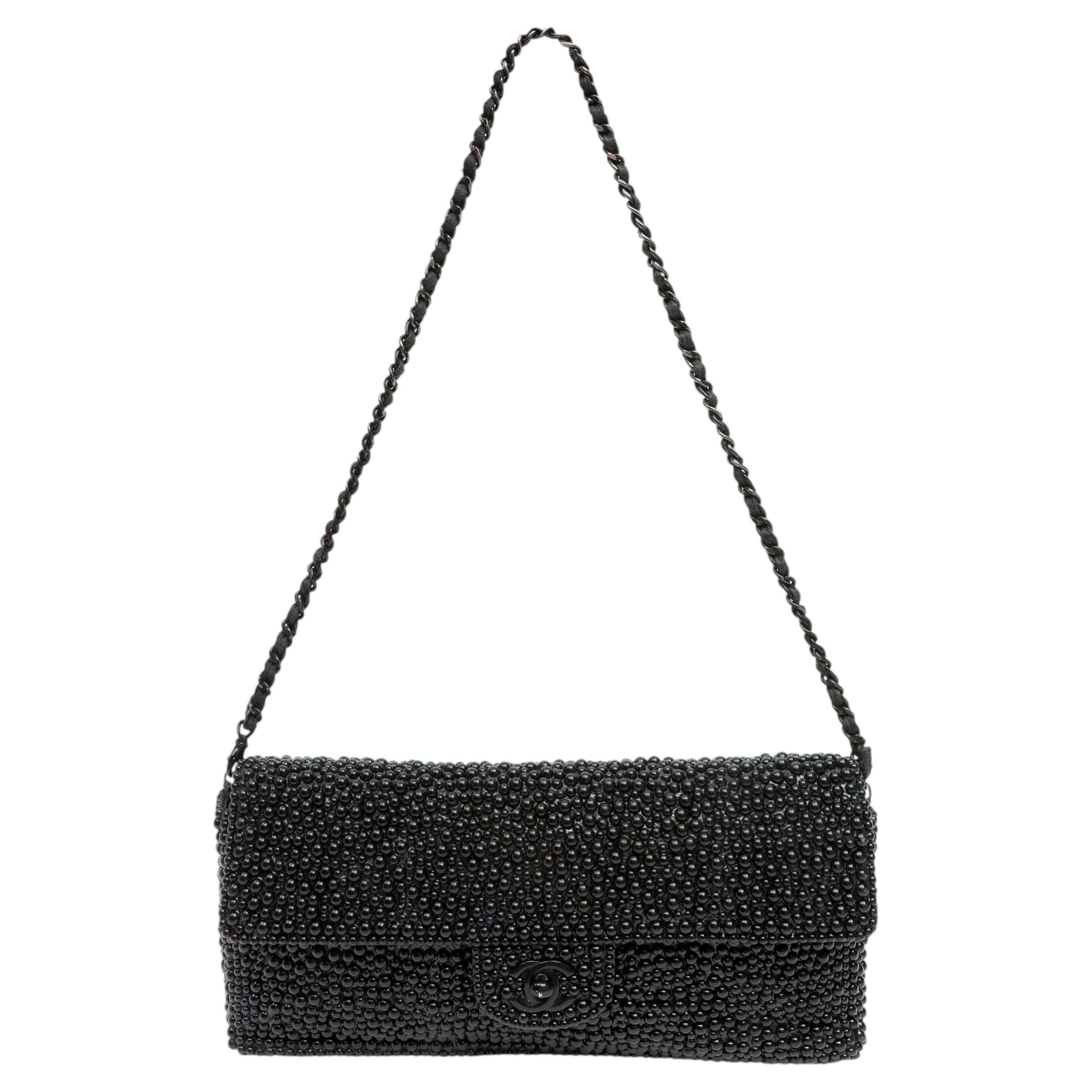 Chanel East/West Medium Single Flap Embellished Black Faux-Pearls w Black HW