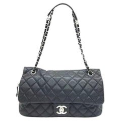 Chanel Easy Flap Jumbo Black Caviar Leather Silver Hardware Shoulder Bag