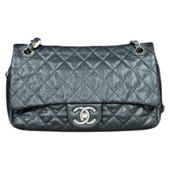 Chanel Easy Flap Medium Black Caviar Leather Silver Hardware Shoulder Bag
