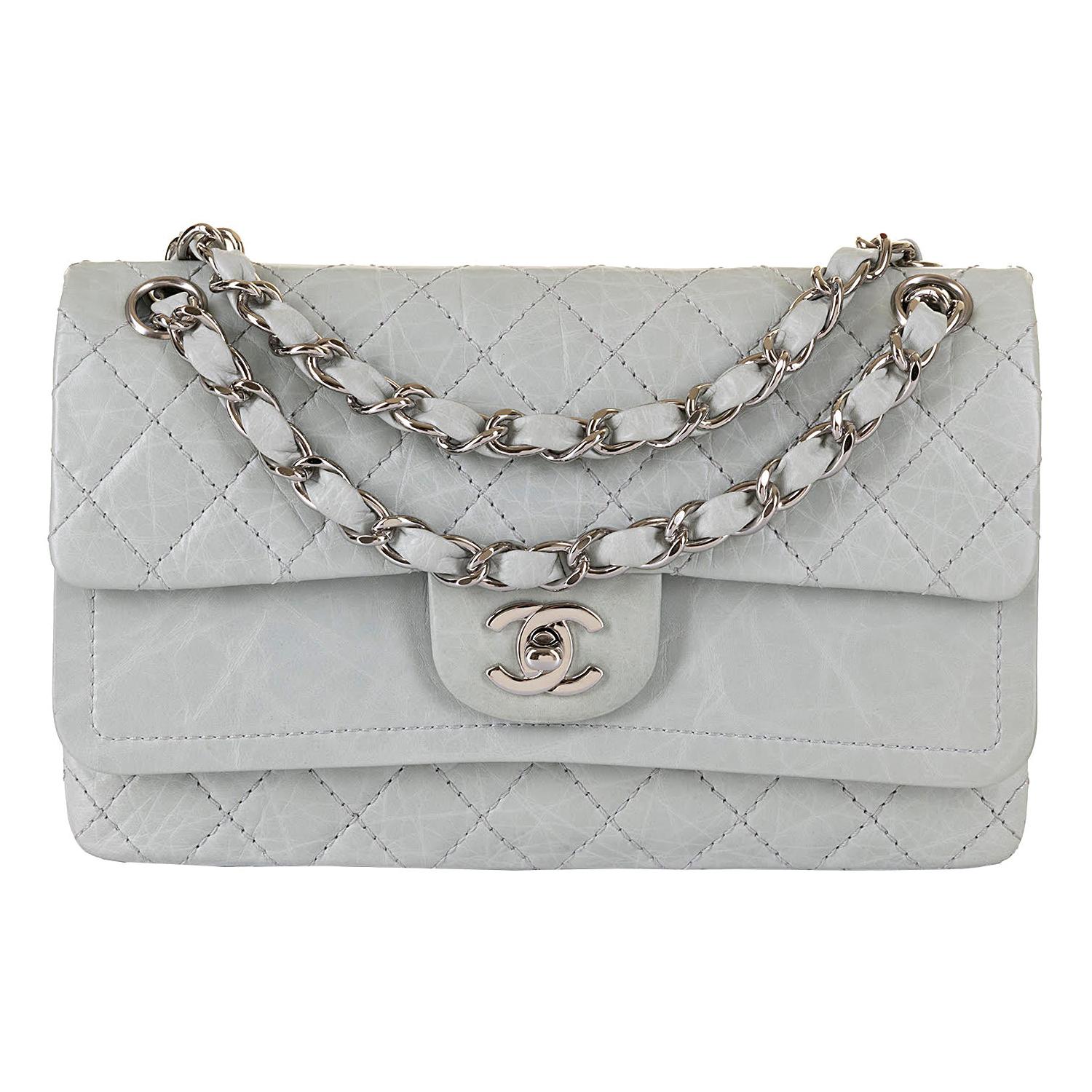 Chanel 'Eau-de-Nil' Quilted Double Flap Medium Bag with Silver Hardware - Rare
