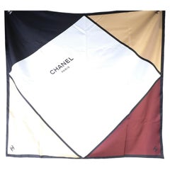 Chanel Ecru Beige Burgundy Black Silk Square Scarf