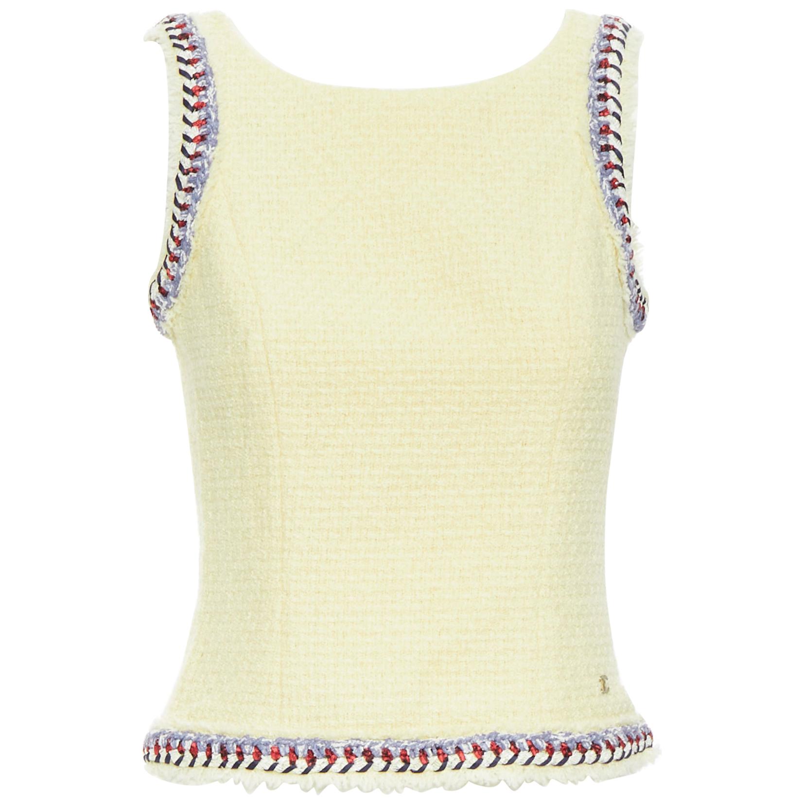 CHANEL ecru beige wool tweed blue braid trimming sleeveless vest top FR36