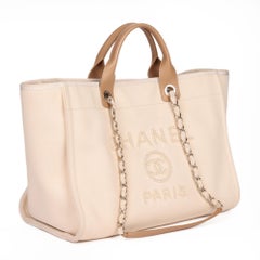 Chanel Ecru Canvas & Tan Lambskin Leather Pearl Medium Deauville Tote
