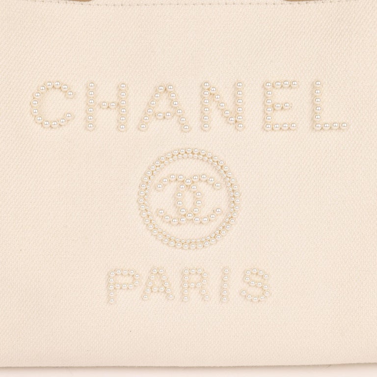 Chanel Ecru Canvas & Tan Lambskin Leather Pearl Medium Deauville Tote