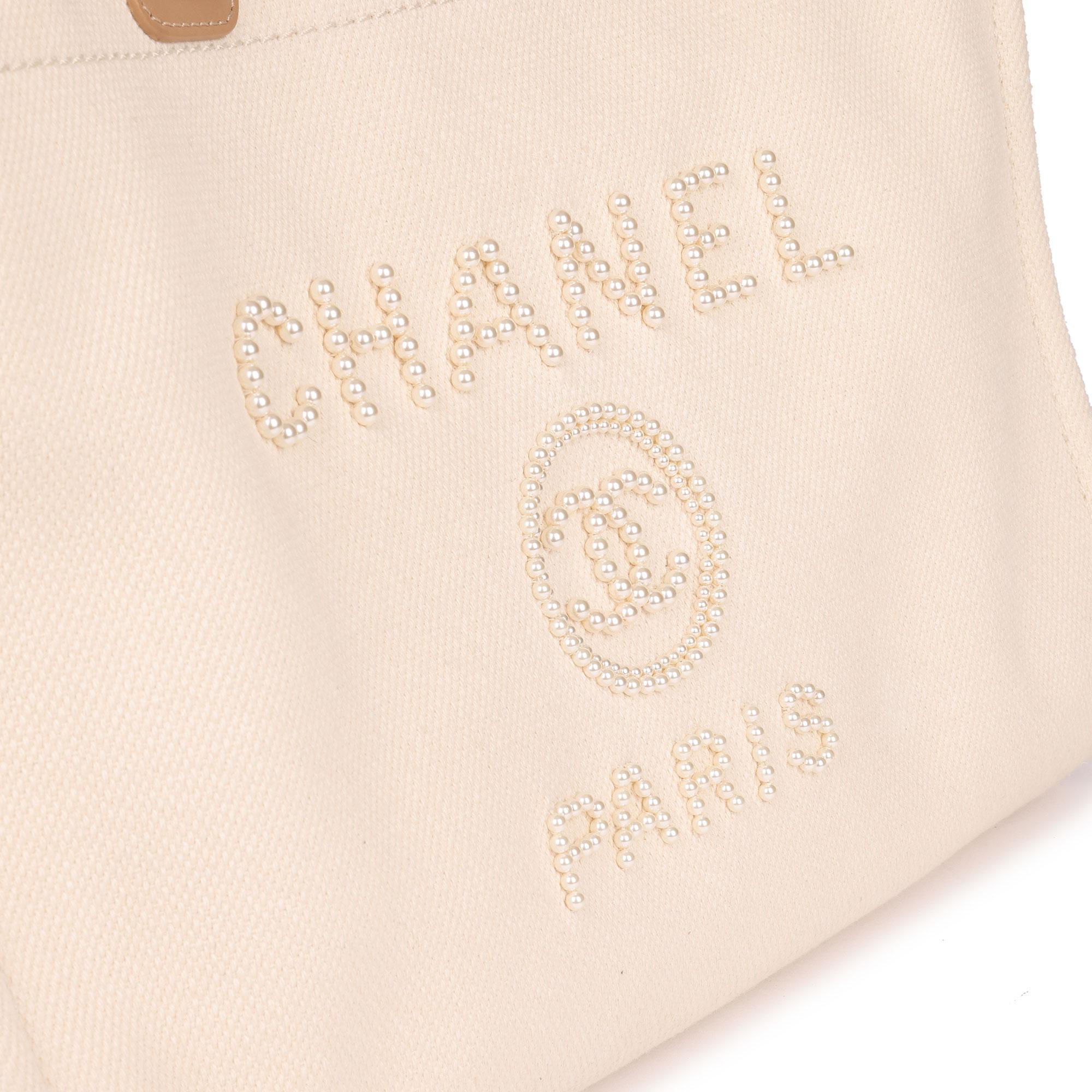 Women's Chanel Ecru Canvas & Tan Lambskin Leather Pearl Medium Deauville Tote