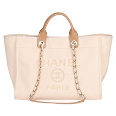 Chanel Ecru Canvas & Tan Lambskin Leather Pearl Medium Deauville Tote