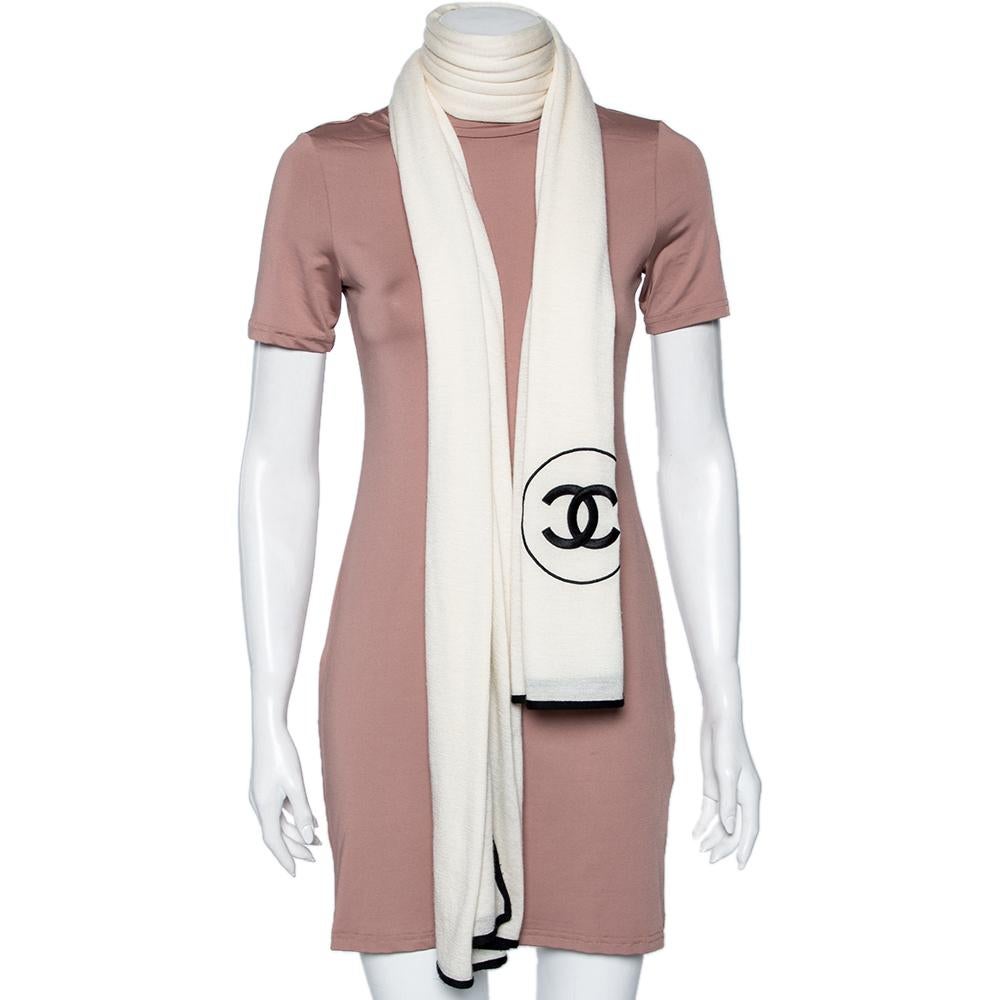Beige Chanel Ecru CC Logo Embroidered Cashmere & Silk Knit Scarf