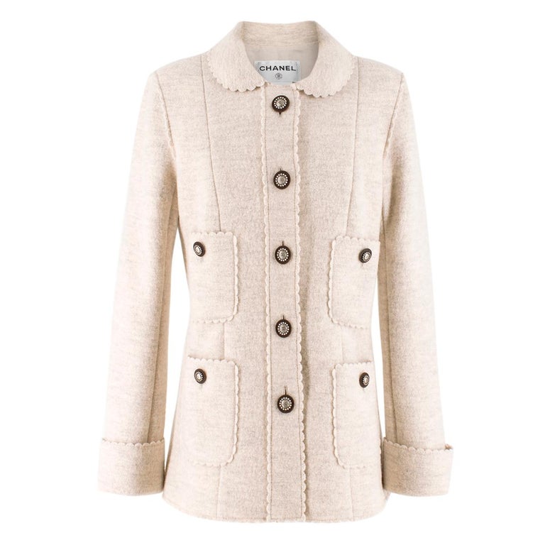 Chanel Ecru Wool Scalloped Detail Jacket Size 10 For Sale at