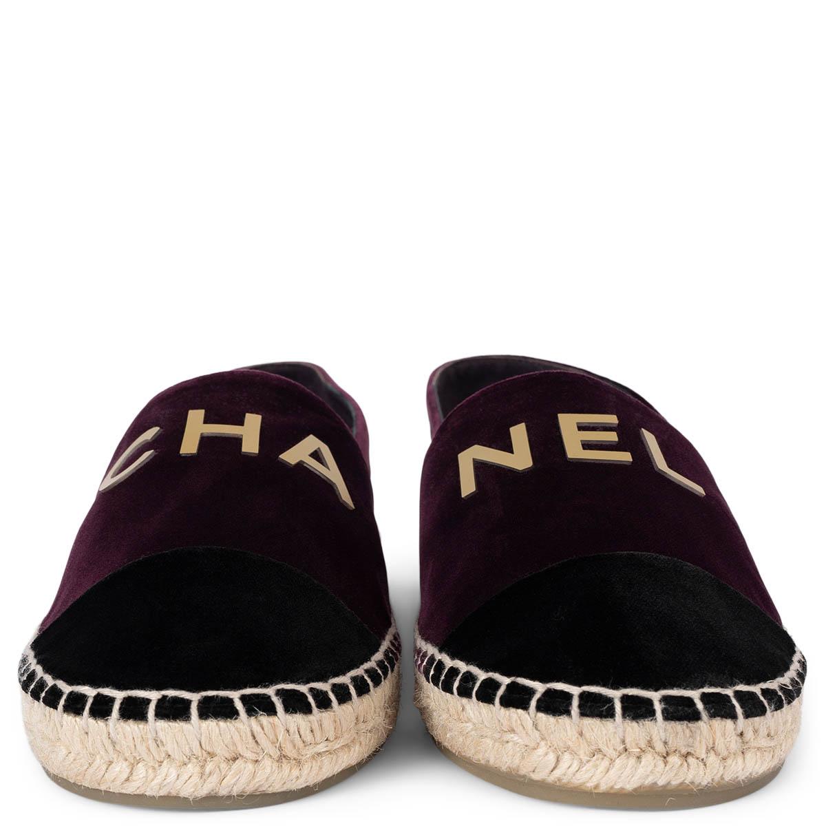 100% authentic Chanel espadrilles in purple and black velvet featuring gold-tone logo lettering. Leather lined. Band new. Come with dust bag and box. 

2018 Pre-Fall

Measurements
Model	18B G34012 X52059
Imprinted Size	37
Shoe Size	36.5
Inside