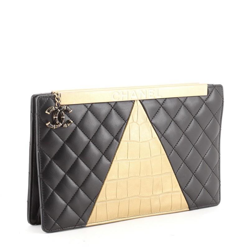 Black Chanel Egyptian Clutch Crocodile Embossed Calfskin and Quilted Lambskin