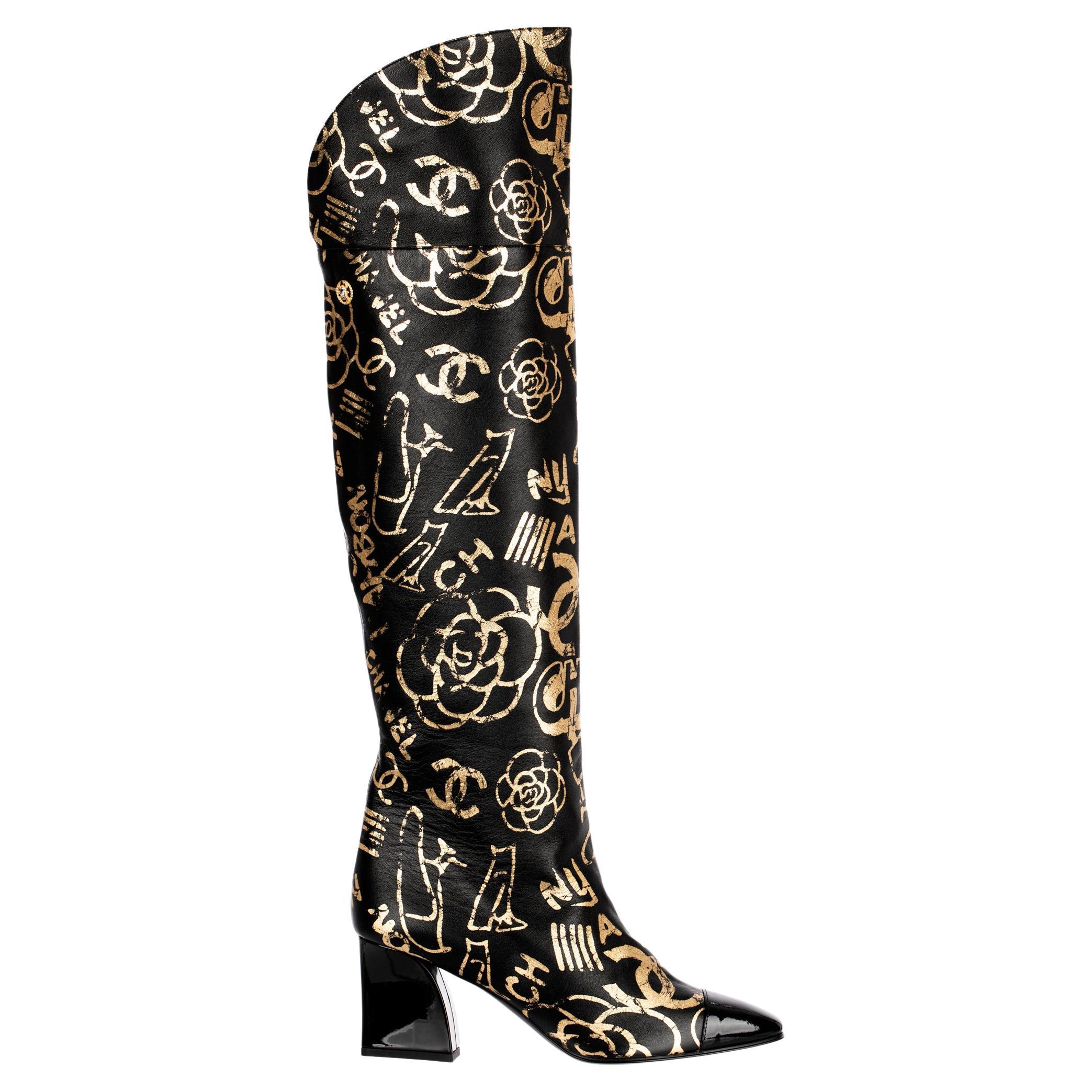 Chanel Thigh High Leather and Tweed Boots, 39
