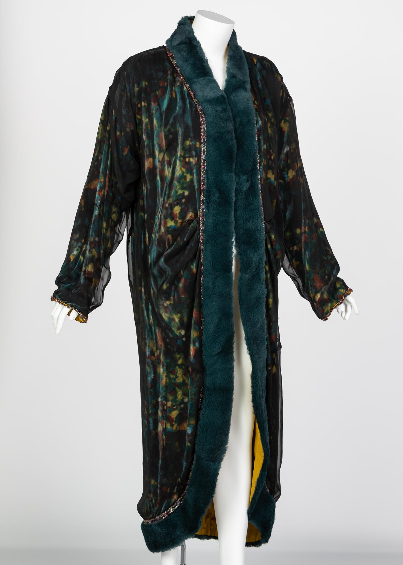 Black Chanel Elaborate Multicolored Silk Chiffon Velvet Trim Beaded Evening Coat, 1997