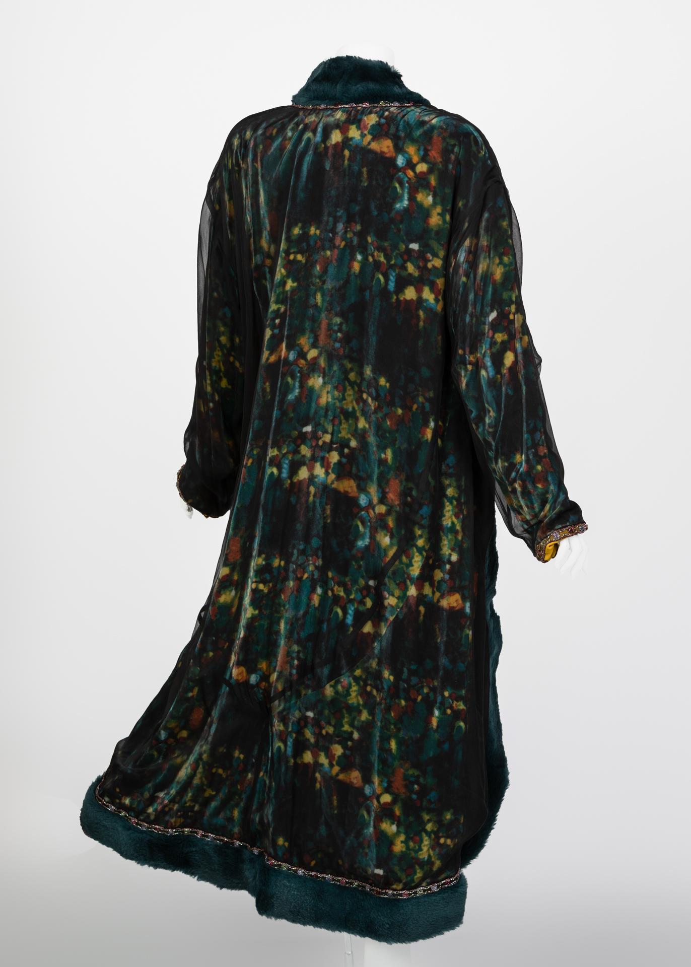 Chanel Elaborate Multicolored Silk Chiffon Velvet Trim Beaded Evening Coat, 1997 In Excellent Condition In Boca Raton, FL