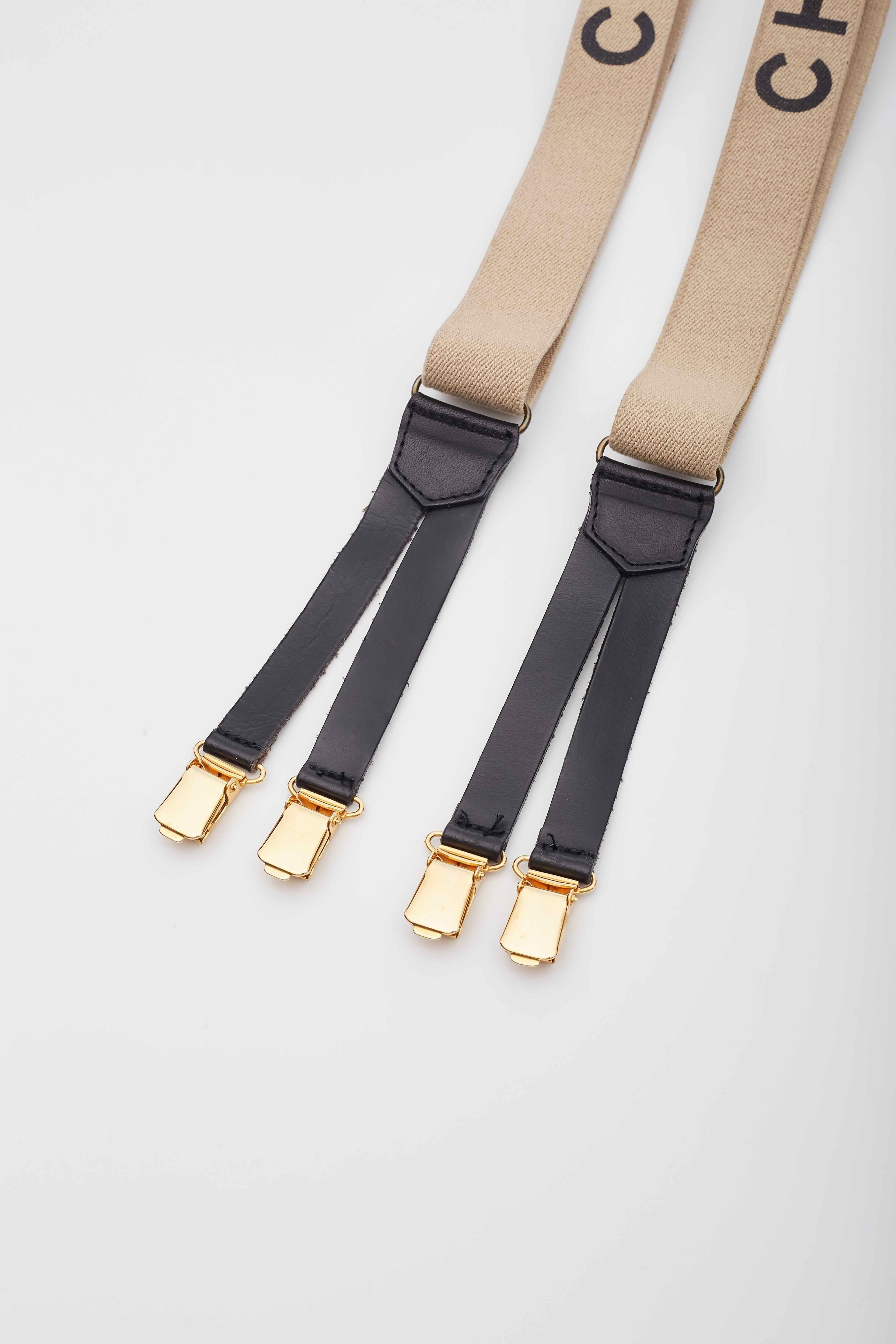Chanel Elastic Logo Suspenders Beige Black In Good Condition For Sale In Montreal, Quebec