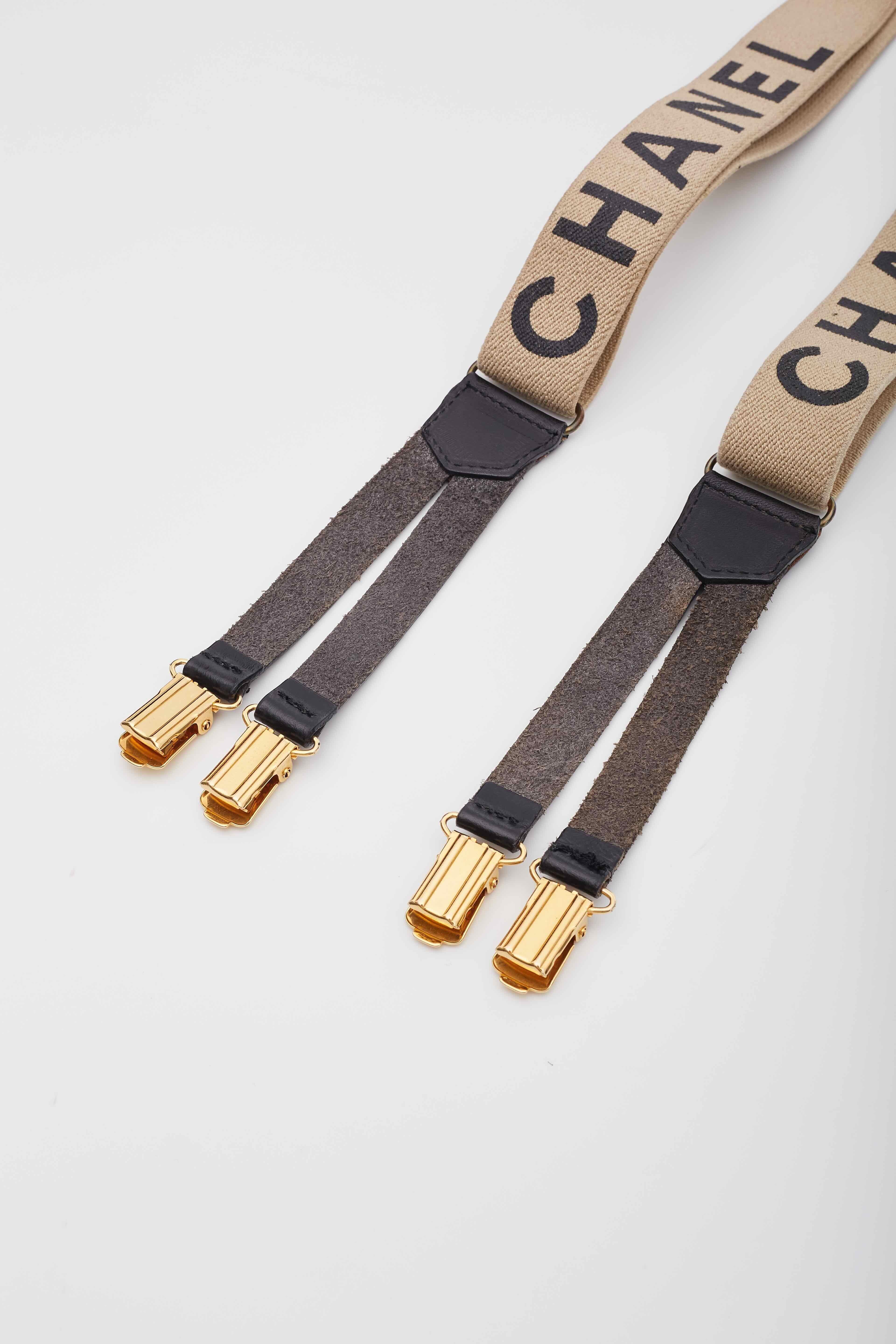 Women's Chanel Elastic Logo Suspenders Beige Black For Sale
