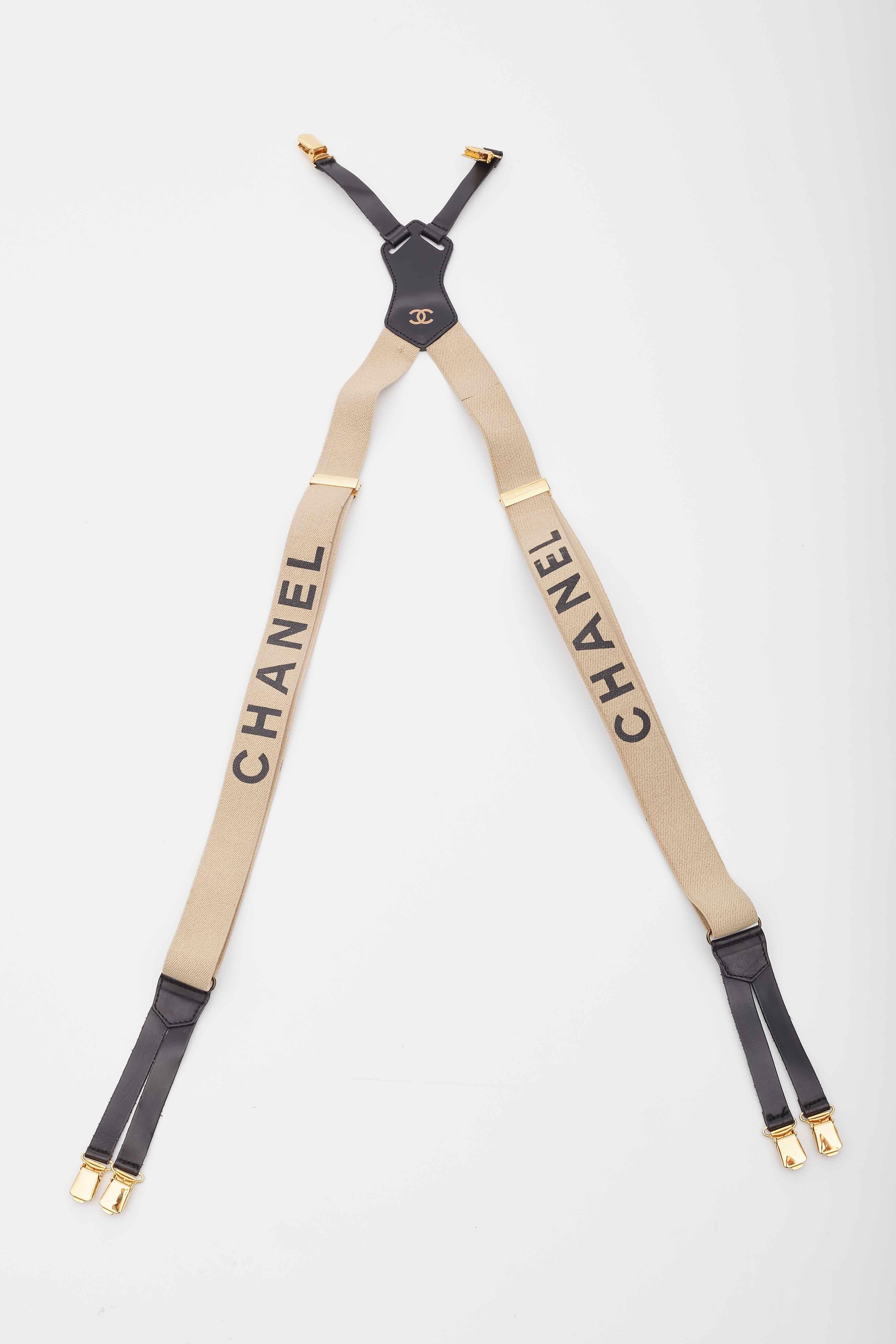 Chanel Elastic Logo Suspenders Beige Black For Sale 3