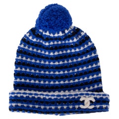 CHANEL electric blue black white cashmere Beanie Hat 58