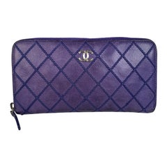 Chanel Electric Blue Quilted Leather Double Stitch Zip Around Wallet
