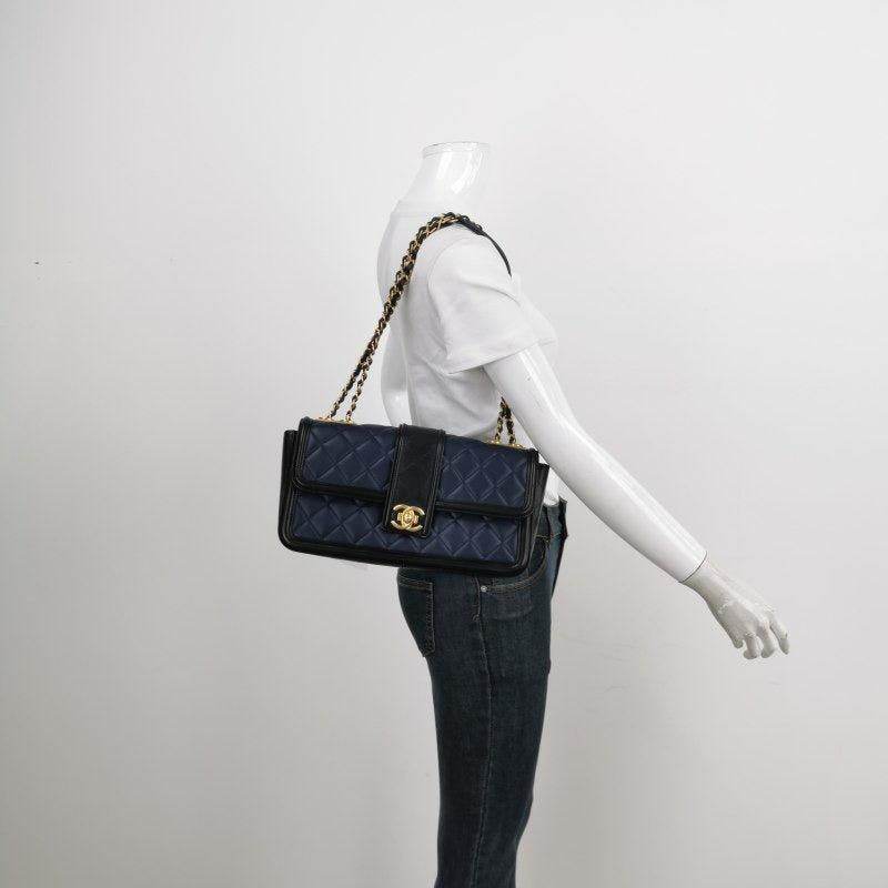 Women's Chanel Elegant CC Flap Bag Navy Black Quilted Medium