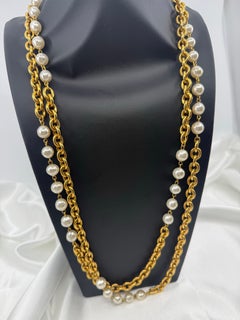 Chanel Elegant Gold and Pearl Multi Strand Chain Necklace