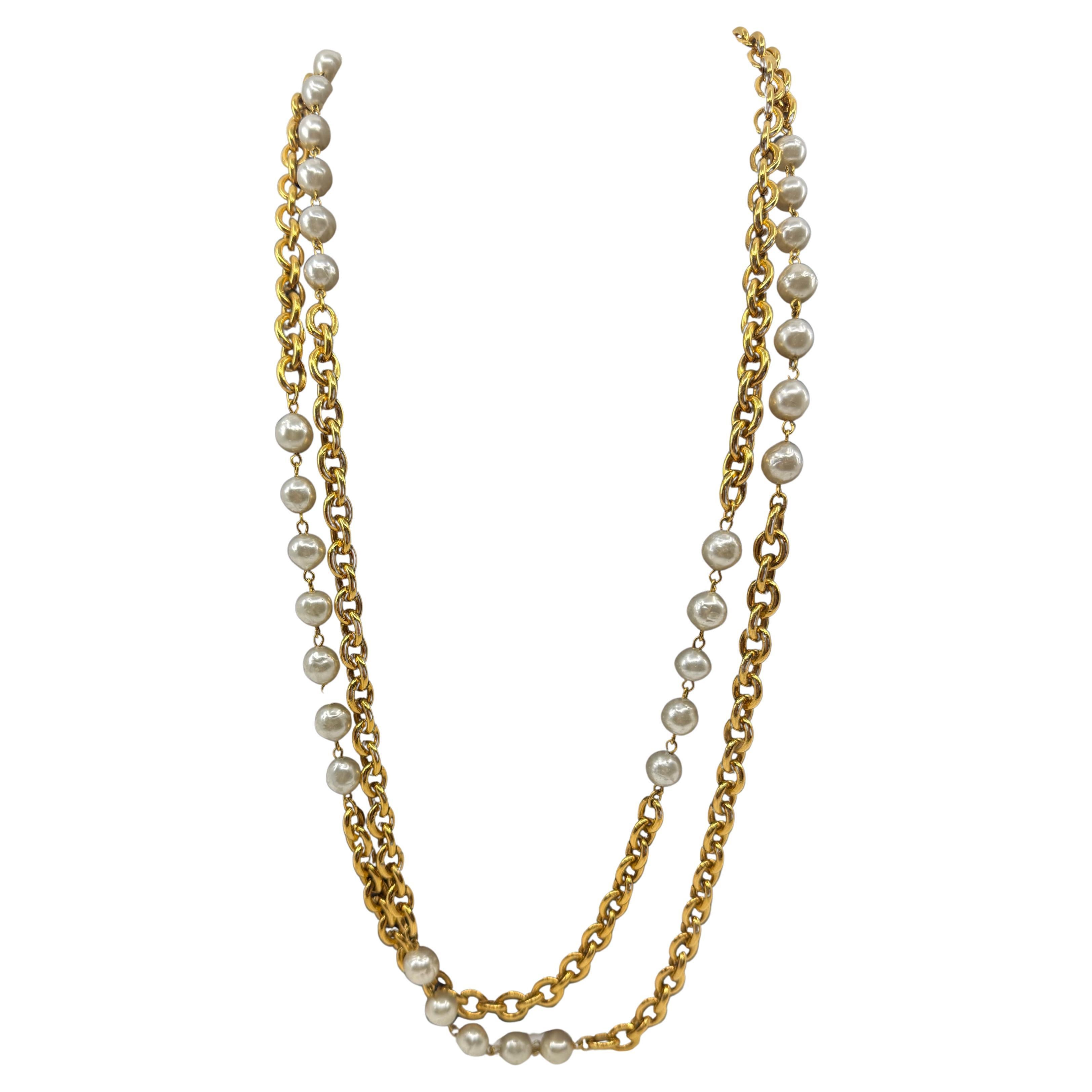 Chanel Elegant Gold and Pearl Multi Strand Chain Necklace For Sale