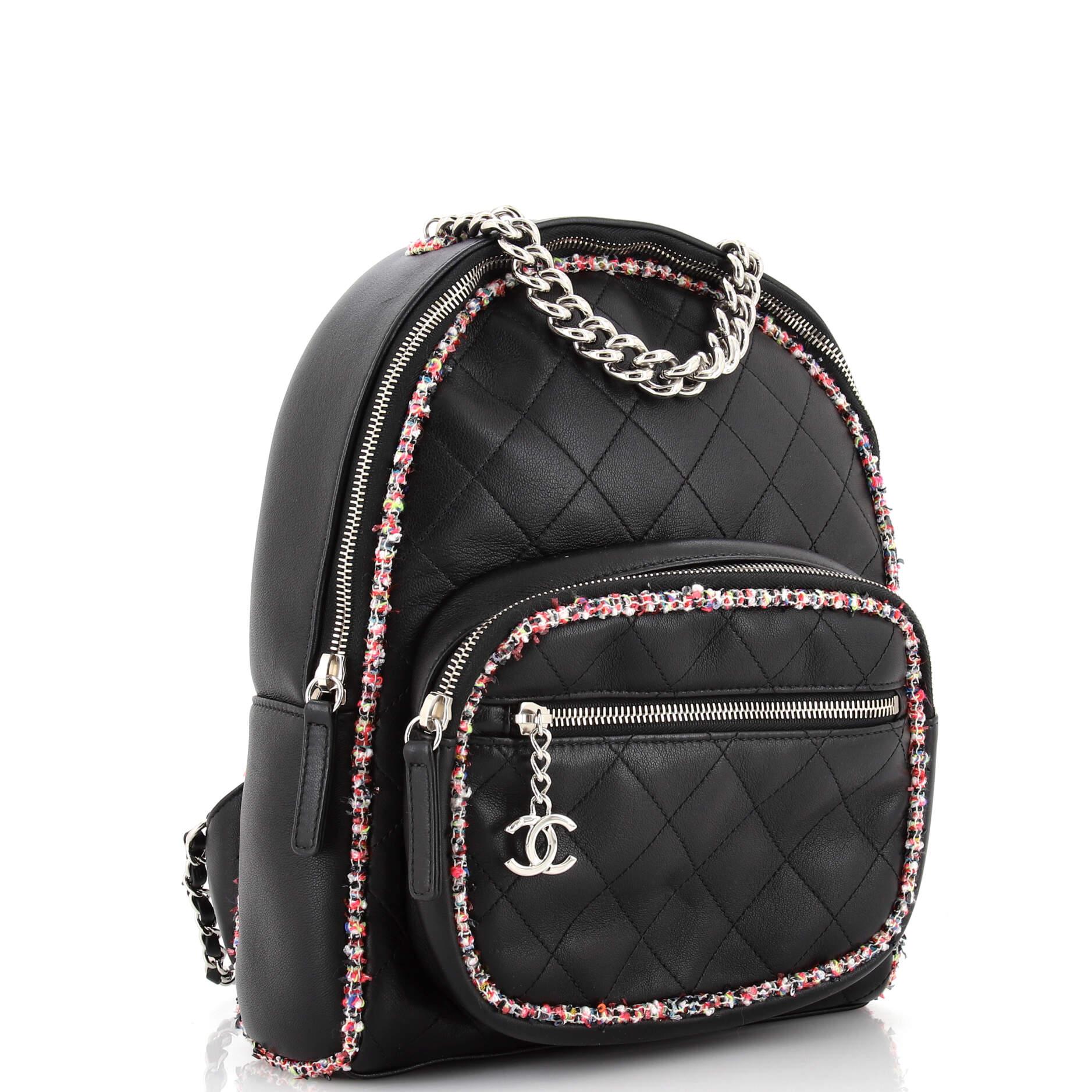 Chanel Elegant Trim Backpack Quilted Leather with Tweed Small In Good Condition In NY, NY