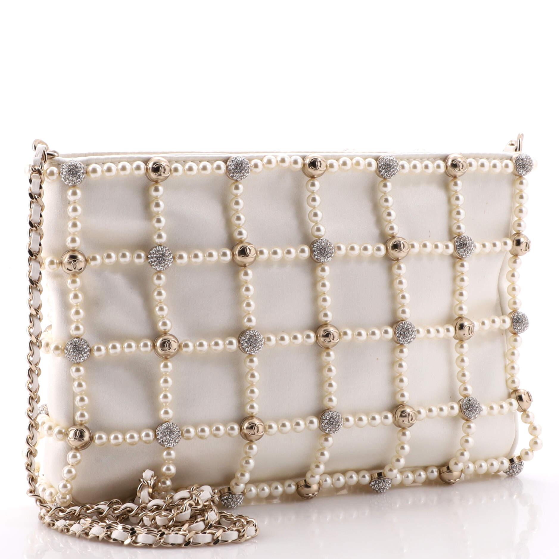 Chanel Embellished Evening Bag Satin with Faux Pearls and Crystals Small In Good Condition In NY, NY
