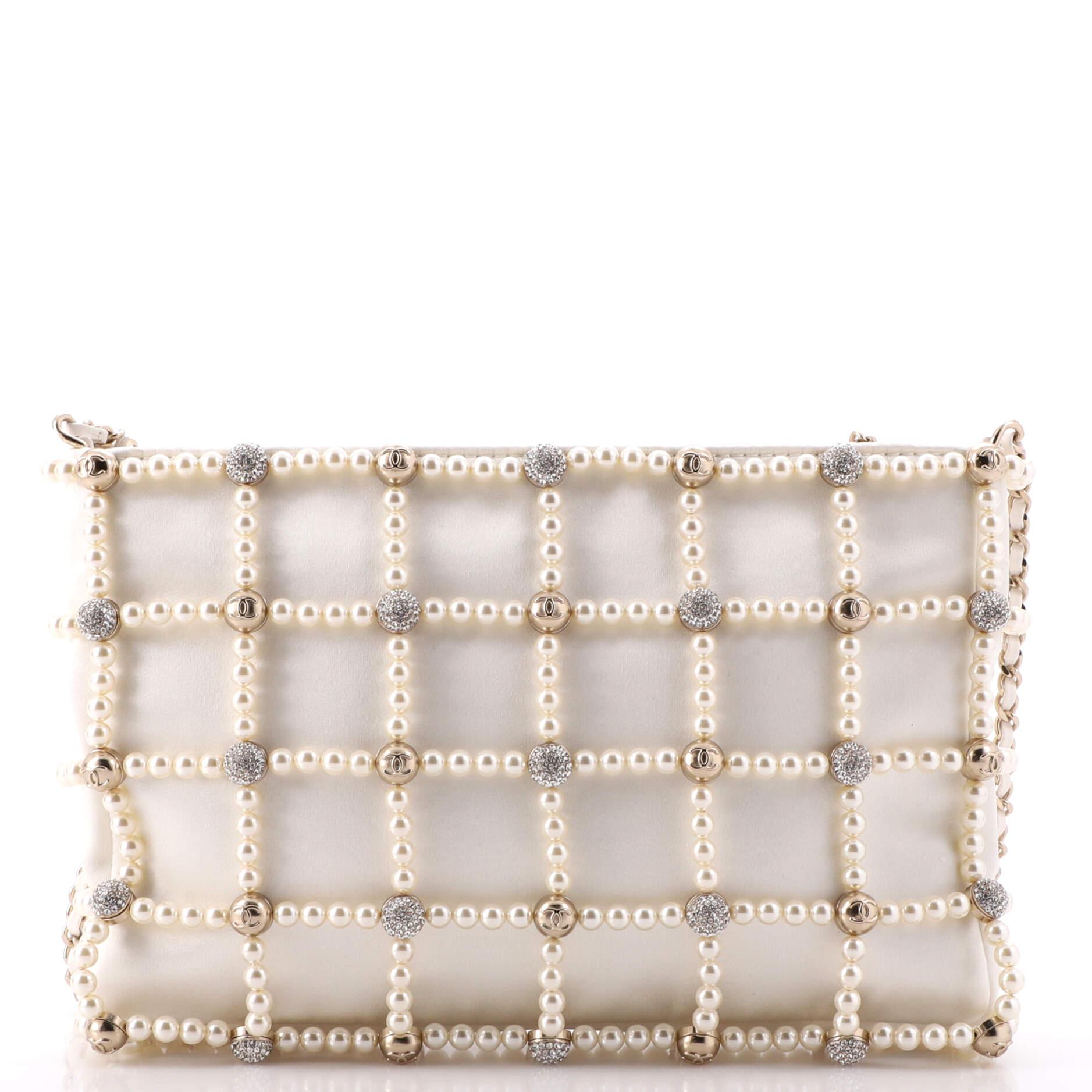 Women's Chanel Embellished Evening Bag Satin with Faux Pearls and Crystals Small