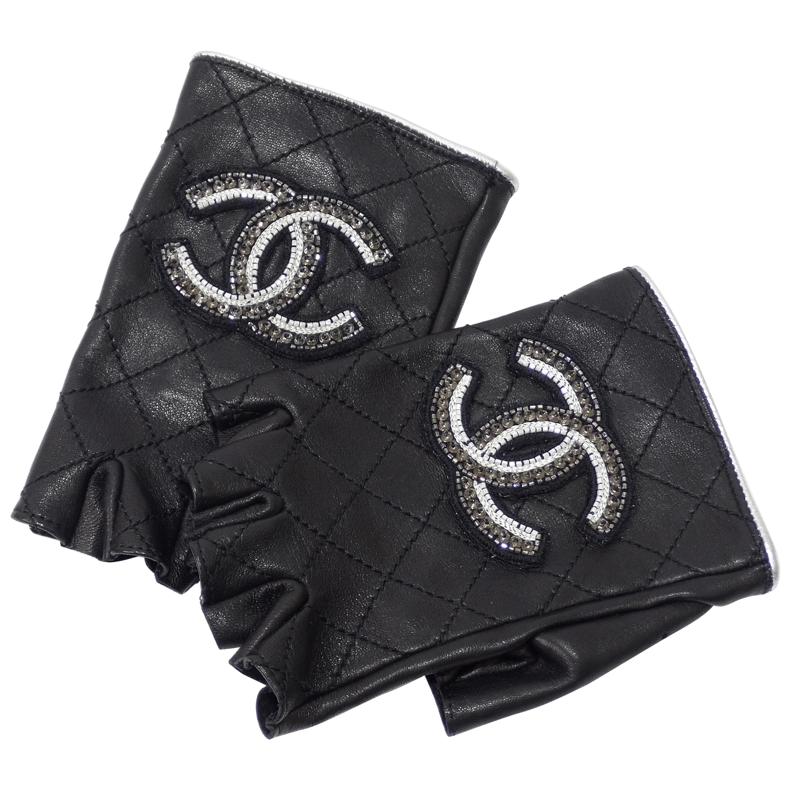 CHANEL CC Gray Silver Leather Long Fingerless Women's Gloves