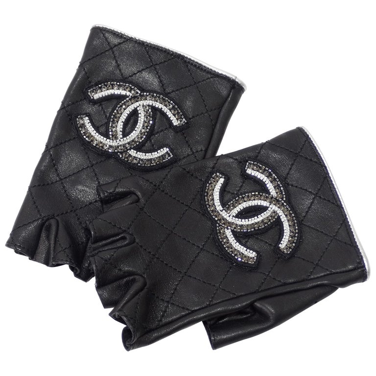 Chanel Embellished Logo Fingerless Gloves at 1stDibs