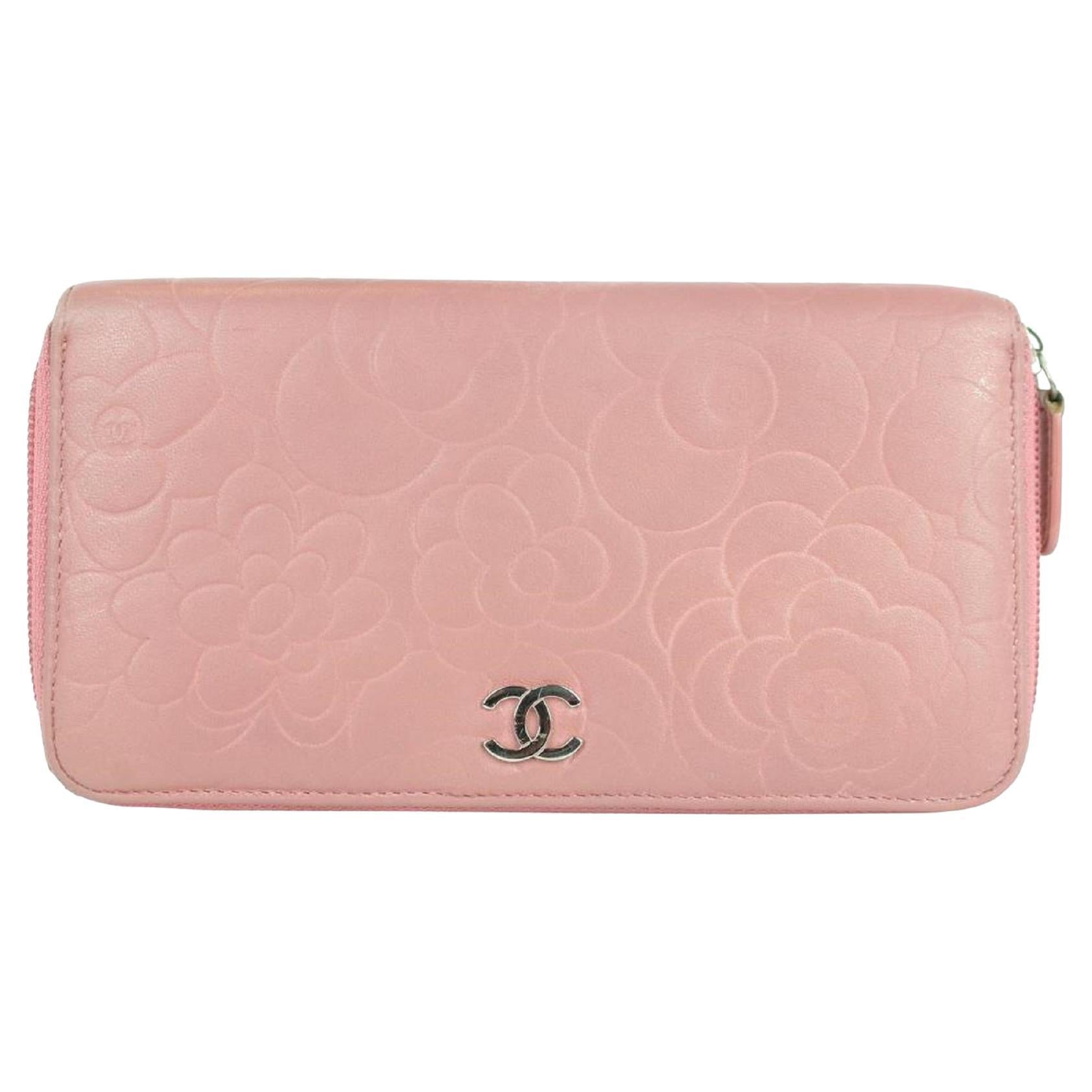 Chanel Embossed Camellia Gusset Zip Around Wallet 2cj1110 Pink Leather Clutch