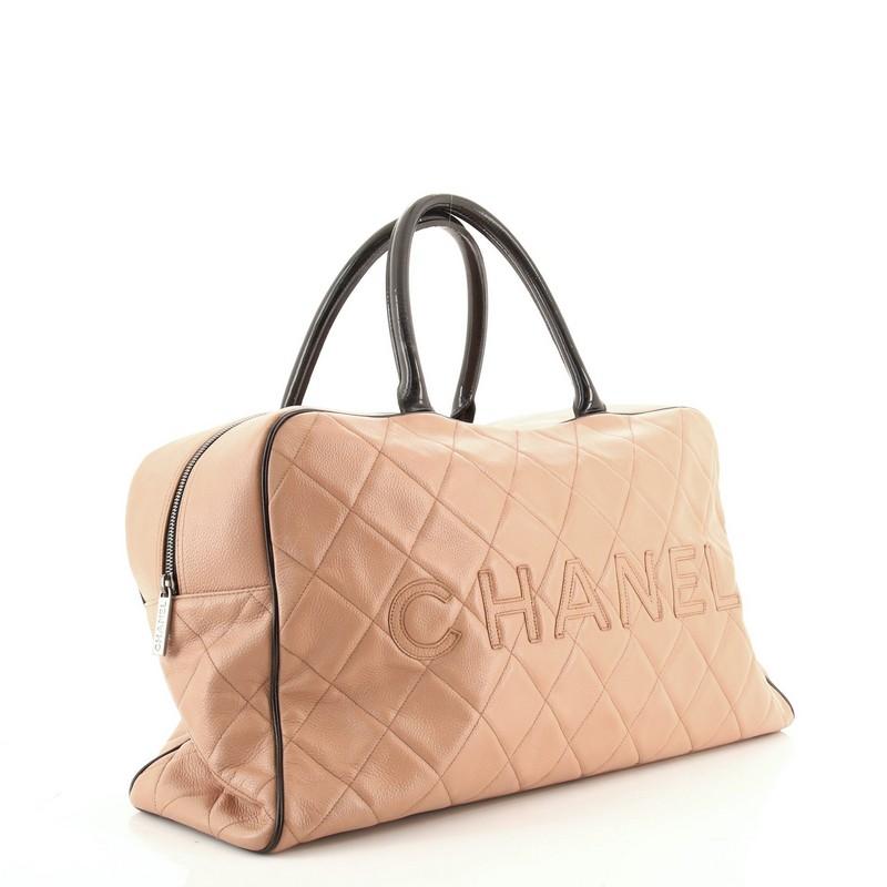 Beige Chanel Embossed Logo Bowler Bag Quilted Caviar Large