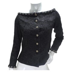 Chanel Embroidered Camellia Two Pocket Off Shoulder Button Jacket