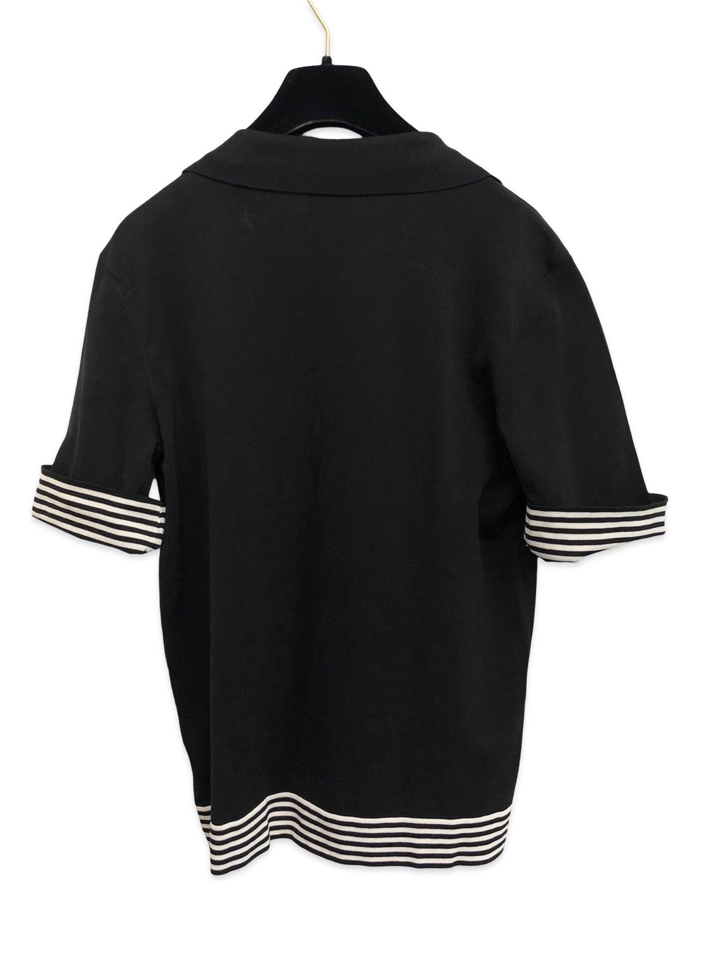 Black Chanel embroidered white CC logo black knitted collared polo top For Sale