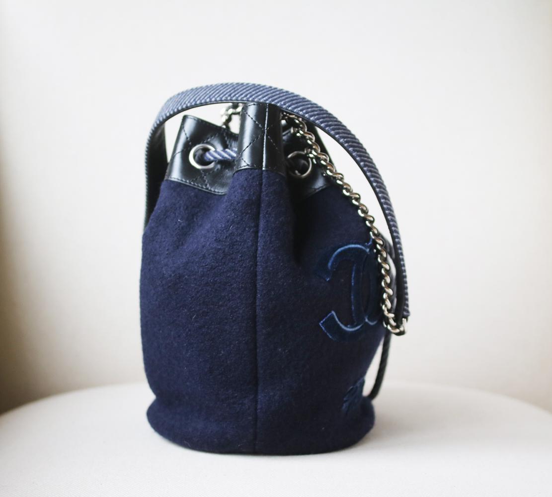 Black Chanel Embroidered Wool Drawstring Bucket Bag 