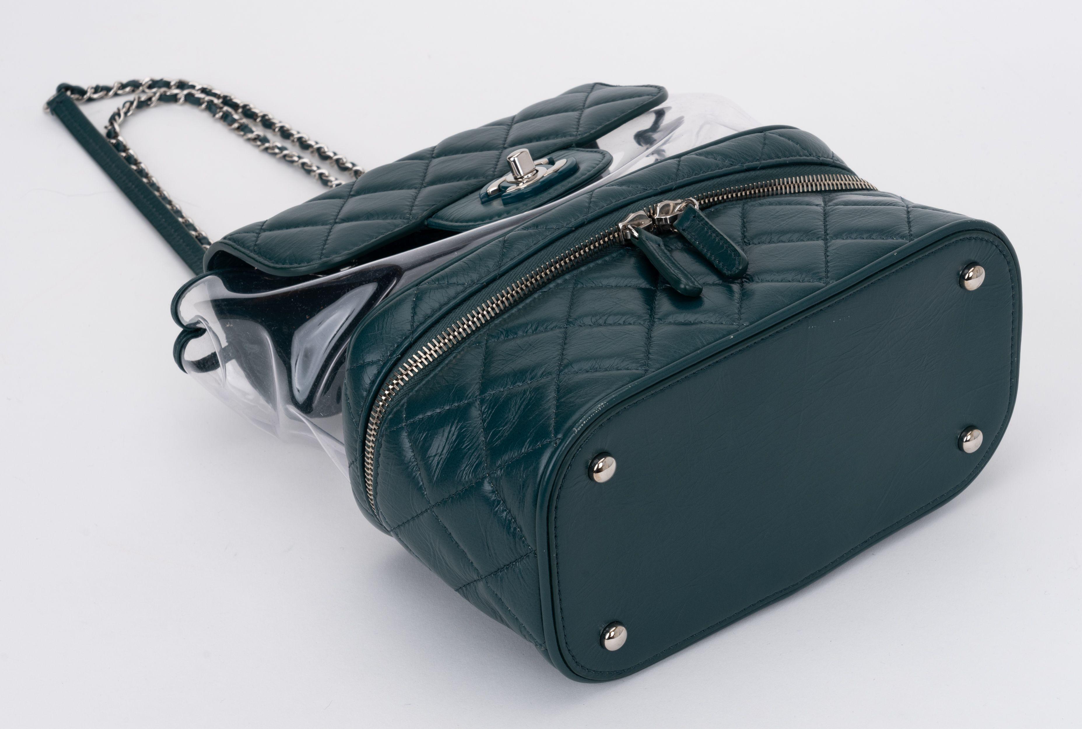 Chanel Emerald Green And PVC Backpack In Excellent Condition For Sale In West Hollywood, CA