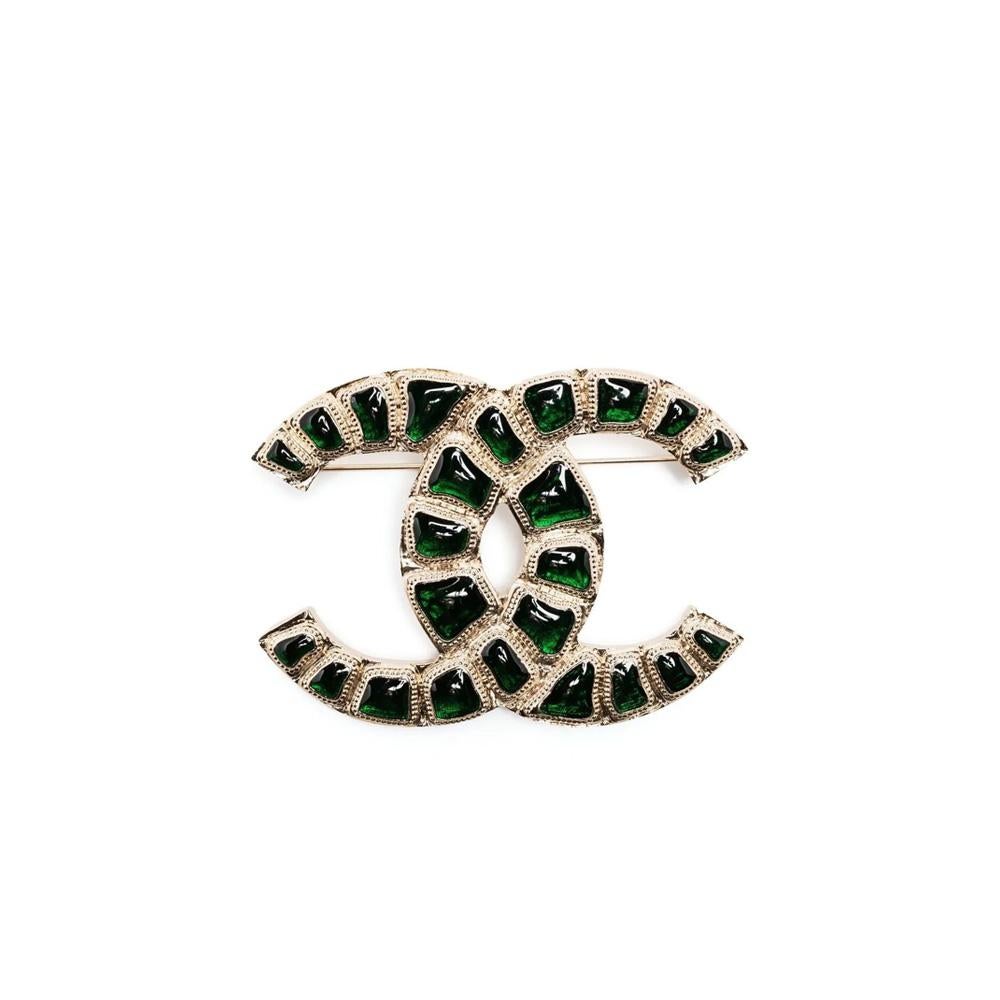 Women's Chanel Emerald Green CC Stone-Embellished Brooch