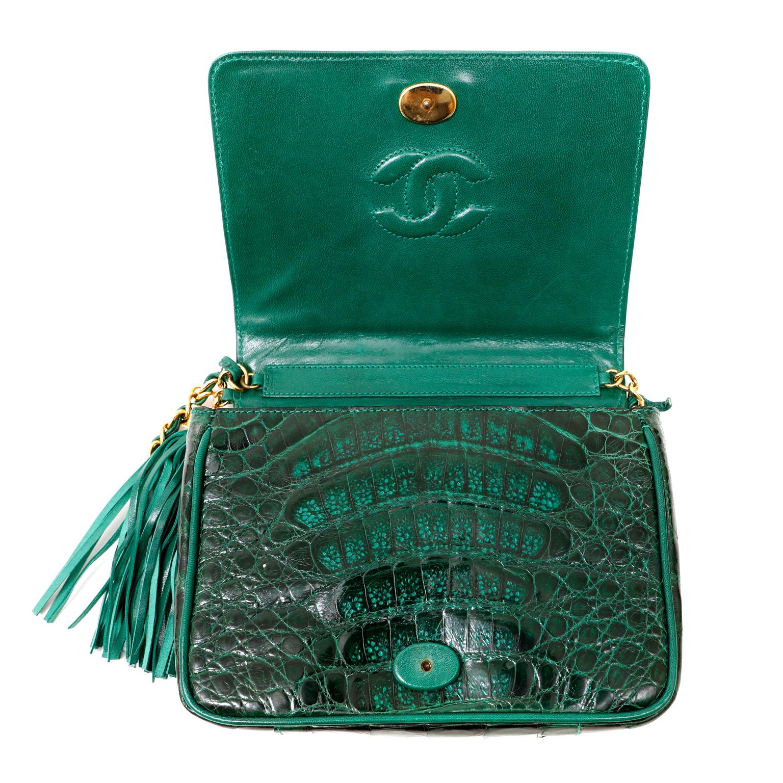 Chanel Emerald Green Crocodile Coco Flap Bag  In Good Condition In Palm Beach, FL