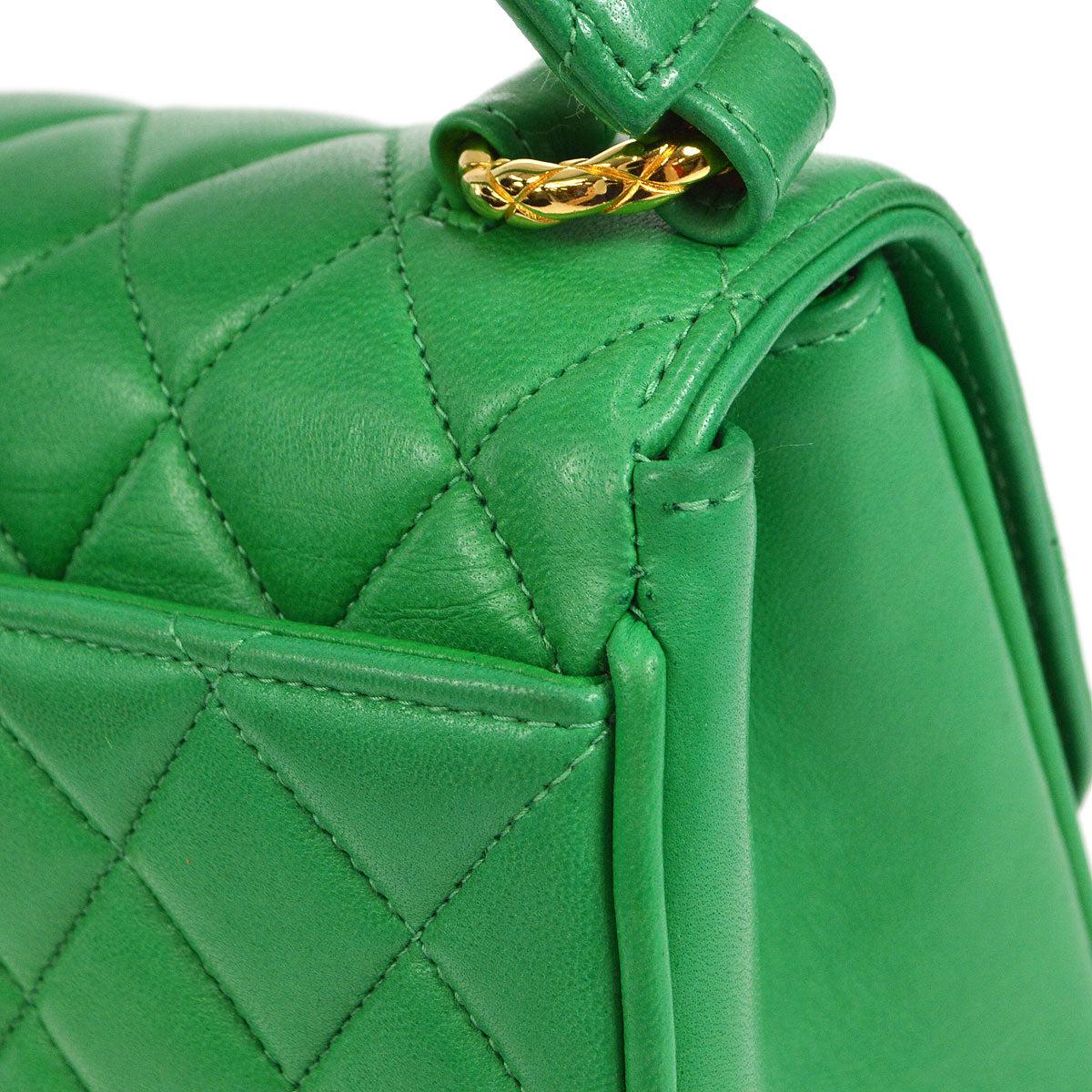 Women's CHANEL Emerald Green Lambskin Leather Gold Small Top Handle Evening Flap Bag